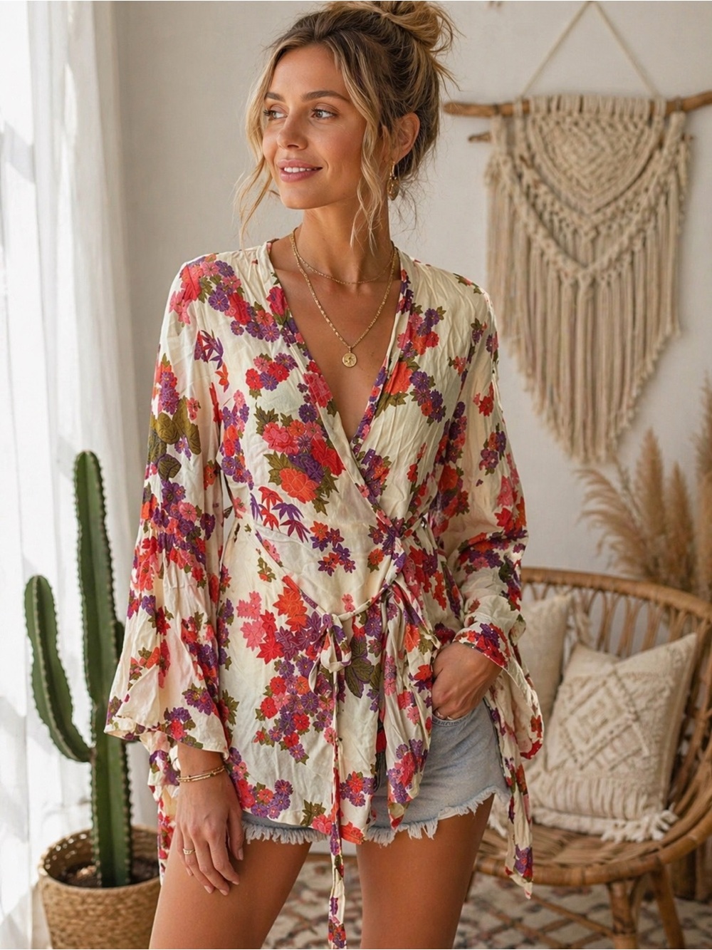 Odylyne Bohemian Floral Print Wrap Kimono Top